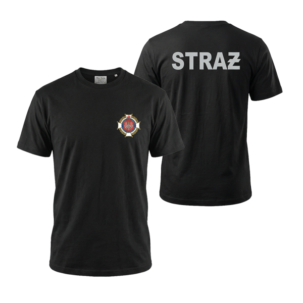 Koszulka OSP czarna T-shirt z emblematem i napisem STRAŻ
